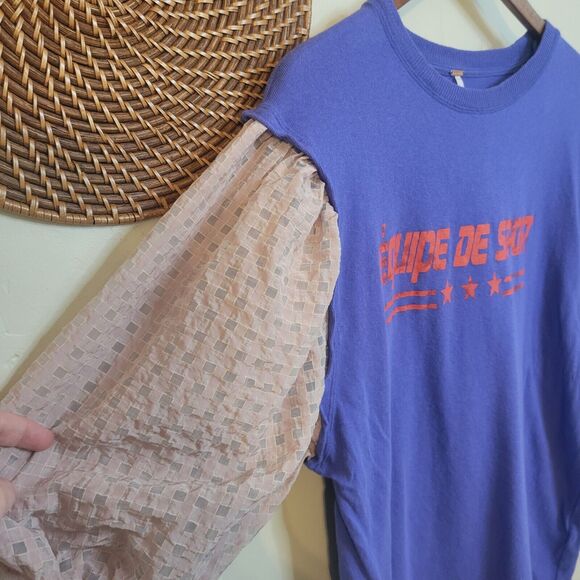 Free People Just Met‎ Tee in Sport Combo Purple Pink Ruffle Sleeves Small - Picture 2 of 14